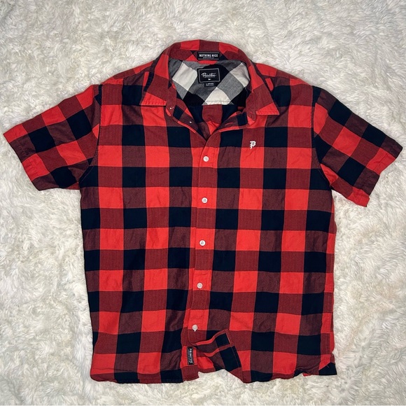 Primitive short sleeve plaid button down shirt red and black size Large - Picture 1 of 5